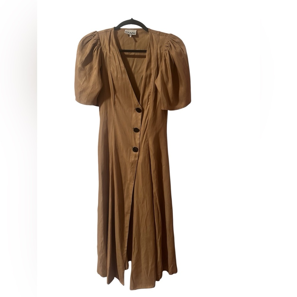 Ganni twill khaki pleated puff sleeve dress woman’s size 34/ 2